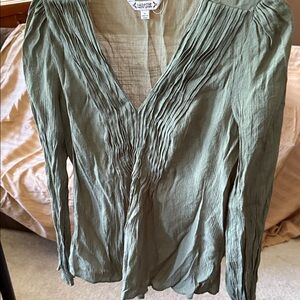 Zara Olive V-Neck Pleated Blouse